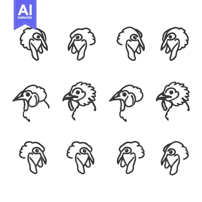 Twelve Line Drawings of Chicken Heads in Different Angles