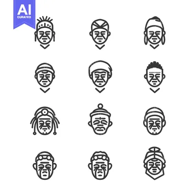 Aset desain premium: Twelve Line Drawings of Faces With Various Headwear and Facial Marking