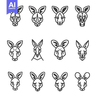 Twelve Line Drawings of Kangaroo Heads with Various Expressions