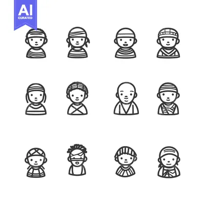 Twelve Line Drawings of People with Striped Hats