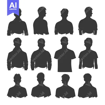 Twelve Male Silhouettes in Various Poses with Different Hairstyles