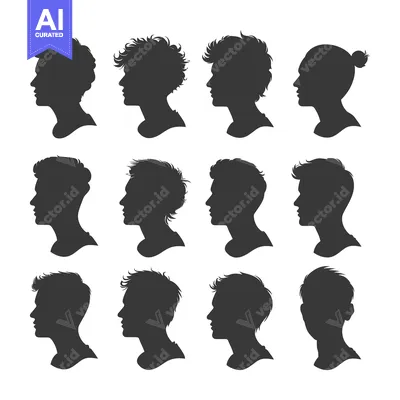 Twelve Male Silhouettes with Different Hairstyles in Profile View