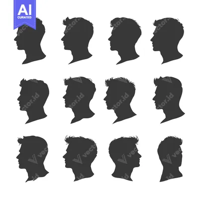 Twelve Male Silhouettes with Different Hairstyles in Profile View