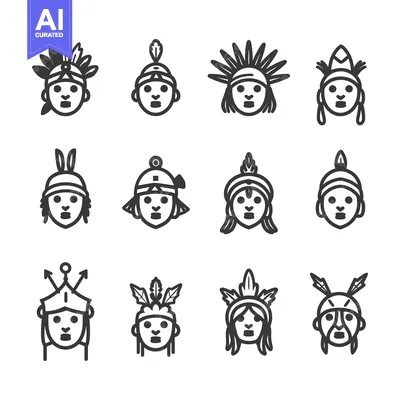 Aset desain premium: Twelve Native American Icon Portraits with Diverse Headwear
