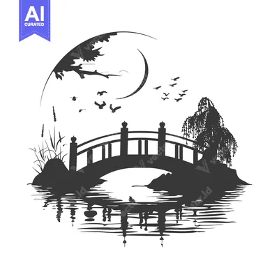 A Black and White Silhouette of a Bridge Over a River Under a Crescent