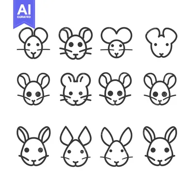 Twelve Outline Drawings of Mouse and Rabbit Faces
