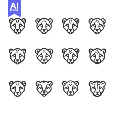 Twelve Outline Illustrations of Cheetah Faces