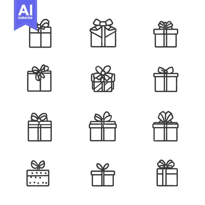 Aset desain premium: Twelve Outline Illustrations of Gift Boxes with Bows