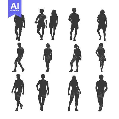 Twelve Silhouettes of People Standing and Walking in Casual Clothing