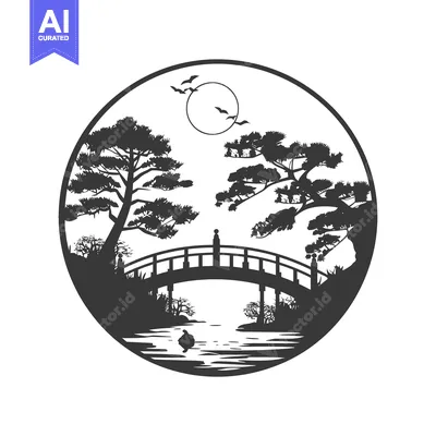 A Black and White Silhouette of a Bridge Over Water with Trees and a M