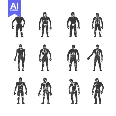 Twelve Silhouettes of Spooky Monsters with Visible Bones and Scars