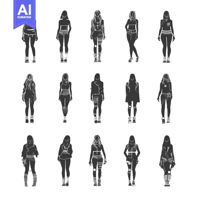 Twelve Silhouettes of Women in Punk and Grunge Clothing