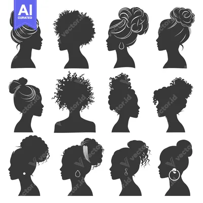 Twelve Silhouettes of Women with Different Hairstyles and Accessories