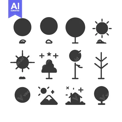Twelve Simple Black and White Icons Depicting Trees, Sun, and Other Na