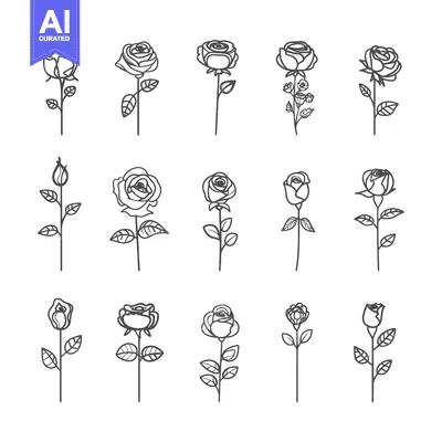 Twelve Simple Line Drawings of Roses in Various Stages of Bloom