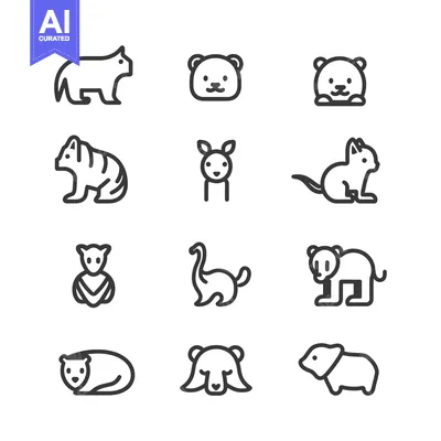 Twelve Simple Line Drawings of Various Animals