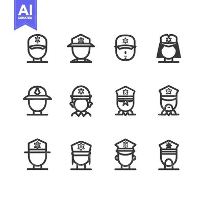 Twelve Simple Line Icons Depicting Police Officer Heads