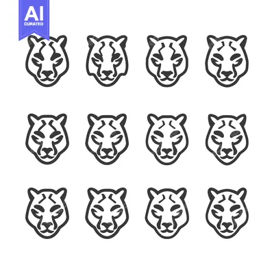 Aset desain premium: Twelve stylized black and white cheetah heads facing forward