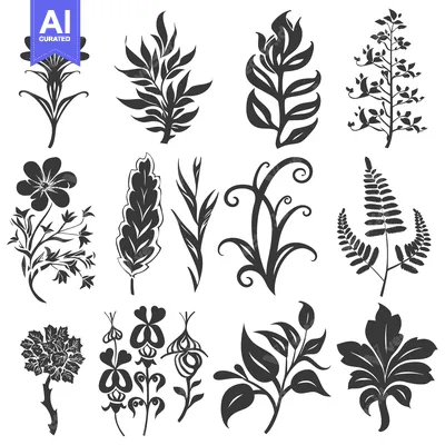 Aset desain premium: Twelve Stylized Floral and Foliage Silhouettes