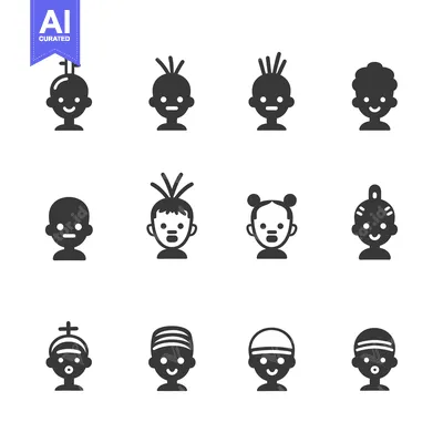 Twelve Unique Baby Head Icons with Different Hairstyles and Headwear