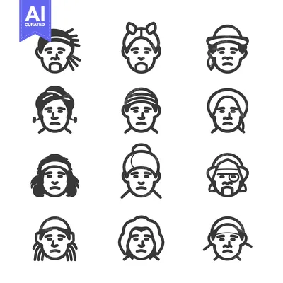 Twelve Unique Line Art Illustrations of Human Faces with Different Hai