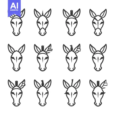 Twelve Variations of a Simple Black and White Donkey Face Illustration