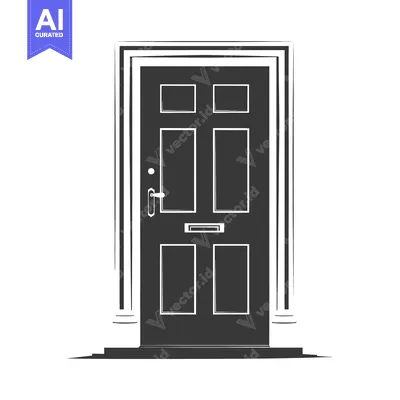 A black and white silhouette of a closed door with a door handle, a do