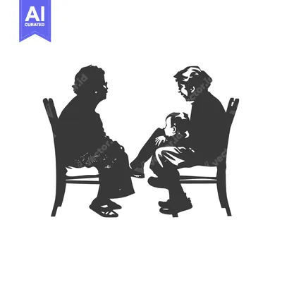 Premium design asset: Two adults and a child seated on chairs in silhouette