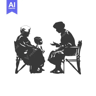 Premium design asset: Two Adults and a Child Sitting on Chairs in Silhouette