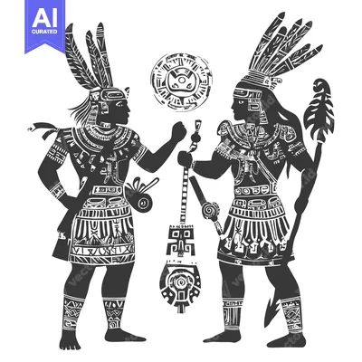 Aset desain premium: Two Ancient Aztec Warriors in Ceremonial Attire Facing Each Other