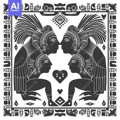 Two Ancient Figures Facing Each Other with Hearts and Geometric Patter