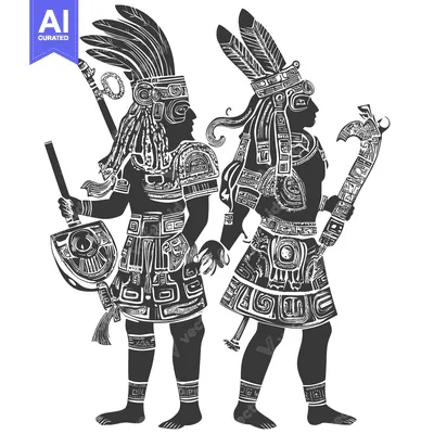 Two Ancient Mayan Warriors in Ornate Garb and Weapons