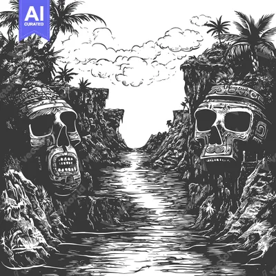 Two Ancient Stone Skulls Guarding a Tropical River