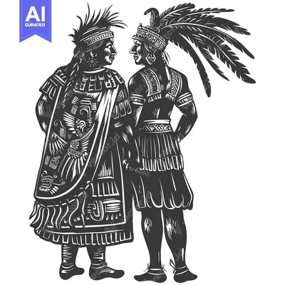 Aset desain premium: Two Aztec Warriors in Traditional Dress, Facing Each Other