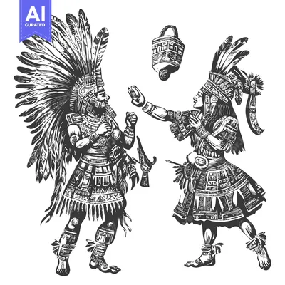 Two Aztec Warriors in Traditional Garb Engaging in Combat