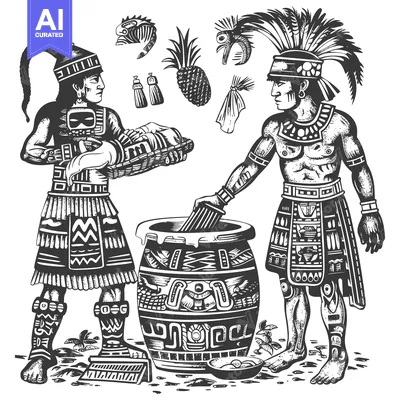 Two Aztec Warriors Making Cacao In a Pot