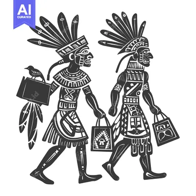 Two Aztec Warriors Walking with Bags and a Bird