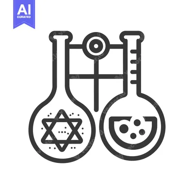 Two beakers with a Star of David and circles inside, connected by a st