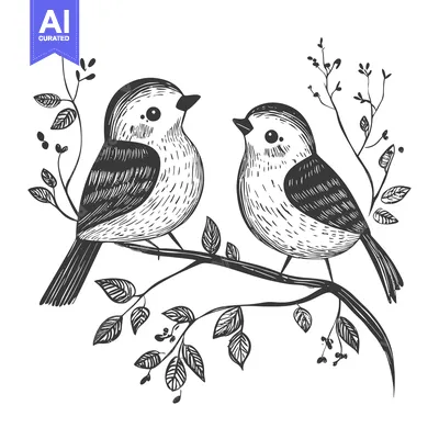 Two Birds Perched on a Branch with Leaves