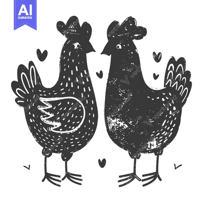 Two Black and White Chickens with Hearts