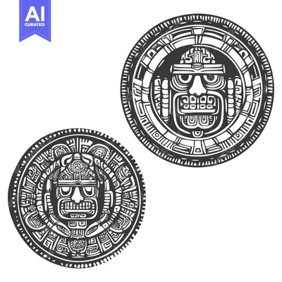 Two Black and White Circular Designs with Intricate Mayan-Inspired Pat