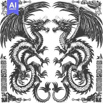 Two Black and White Dragons Facing Each Other