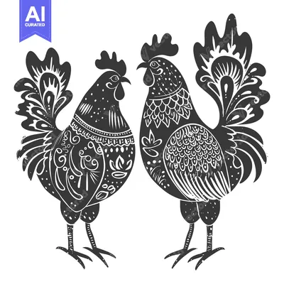 Two Black and White Roosters with Detailed Patterns on Their Feathers
