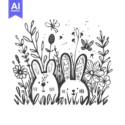 Two Bunnies in a Field of Flowers and Butterflies