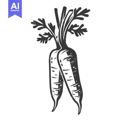 Two Carrots with Green Tops in Black and White