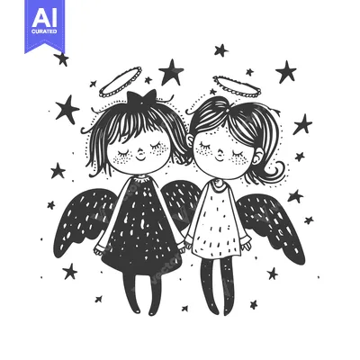 Two Cartoon Angels with Haloes and Wings Surrounded by Stars