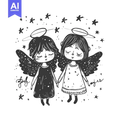 Two Cartoon Angels with Halos and Wings Surrounded by Stars