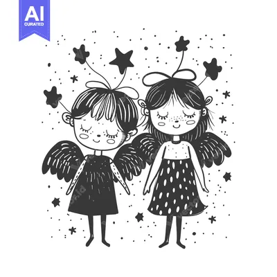 Two Cartoon Angels with Star-Shaped Halos and Wings