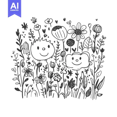 Two Cartoon Animals Amidst a Black and White Floral Garden