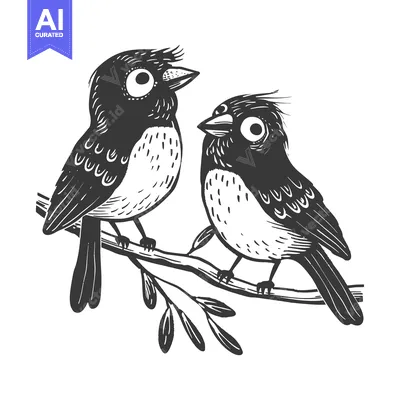 Two Cartoon Birds Perched on a Branch with Big Eyes